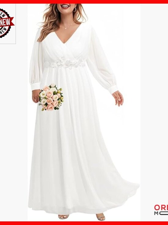 Dresses & Skirts - Plus Size Formal Evening Gown Long Sleeve Chiffon Maxi Dress Wedding